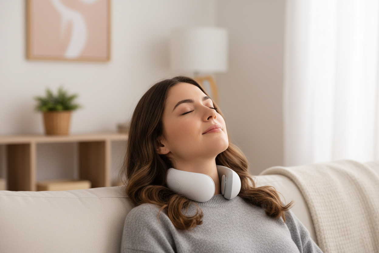 Person wearing the ALEEVIA EMS pulse neck massager at home, relaxing with warm lighting